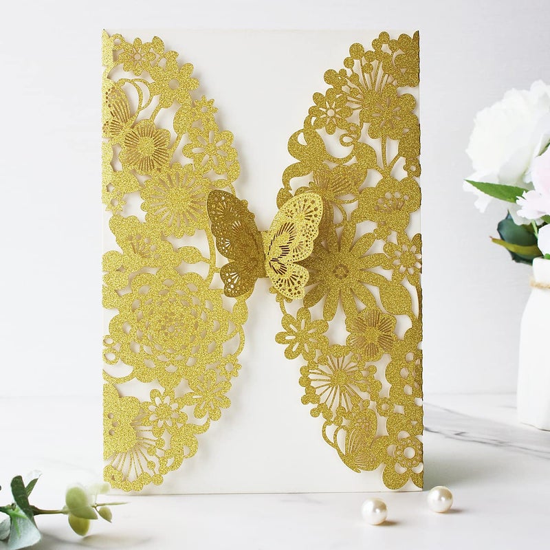 Hosmsua 5.12 x 7.3'' 50PCS Gold Laser Cut Lace Flora Wedding Invitation Cards with Butterfly and Envelopes for Bridal Shower Engagement QuinceaÃ±era Wedding invite (Gold Glitter) - Image 3